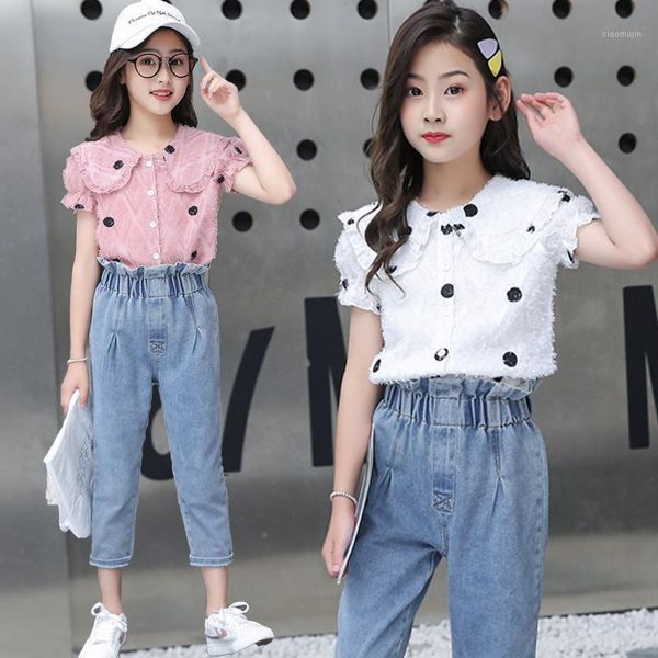 

summer baby girl polka dot school clothes teenager chiffon shorts lace t shirt + jeans pants 4 8 11 6 12 10 9 year clothing sets, White