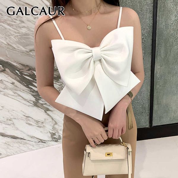 

galcaur bowknot vest for women square collar sling sleeveless summer short vests female korean fashion clothes 210616, White