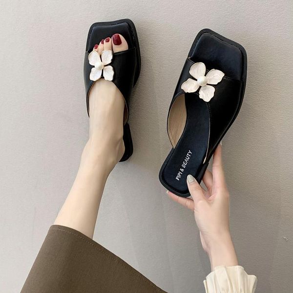 

slippers female shoes flowers sweet leather concise women sandals 2021 summer basic flip flops zapatillas casa mujer, Black