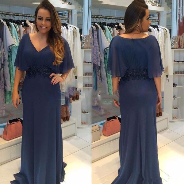 Azul marinho, v-pescoço, mãe, de, a, noiva, vestidos, com, renda, apliques, de, largo, luva, chiffon, À noite, vestidos de noite, para, festa de casamento