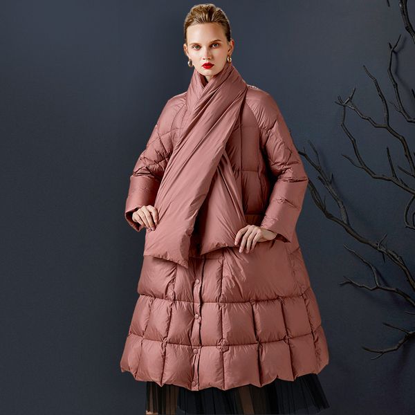 

down jacket 2021 white duck hooded women's middle and long winter clothes temperament fashion a swing coat over the knee, Black
