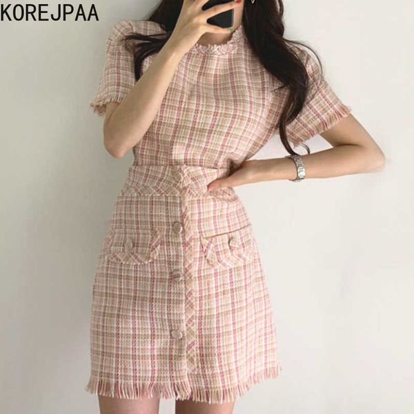 

korejpaa women dress set summer office lady chic elegant o-neck short pullover and plaid button tassel wild skirts suit 210526, White