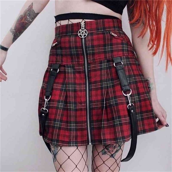 

rosetic women skirts summer black punk rock gothic chic a line high waist plain belt button girls vintage plaid skirts 210319