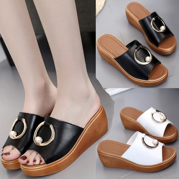 

sandals woman shoes metal buckle pearl decoration wedges mid heel leisure fashion creativity women summer, Black