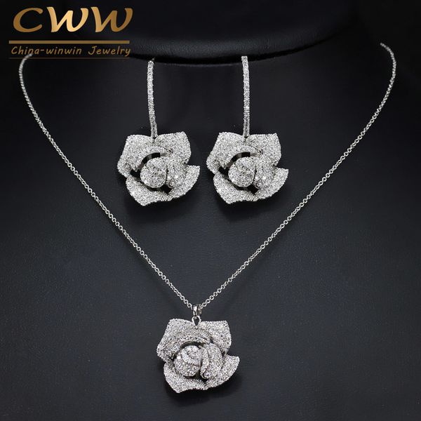 

jewelry sets cwwzircons fashion brand women beautiful micro pave cubic zirconia flower drop pendant necklace and earrings set t065, Black