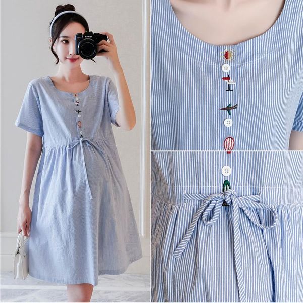 

221# summer striped cotton maternity dress drawstring slim waist a line loose clothes for pregnant women casual pregnancy dresses, White
