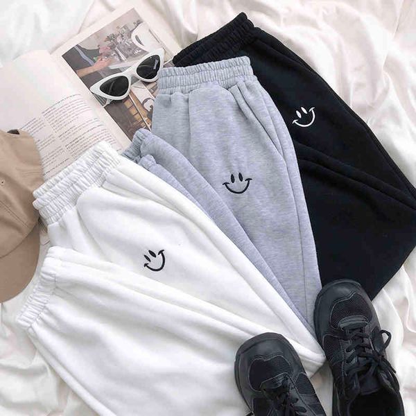 

smiley face embroidery women sweat autumn winter tie tight high waist loose plush thickened casual pants h0t5, Black;white