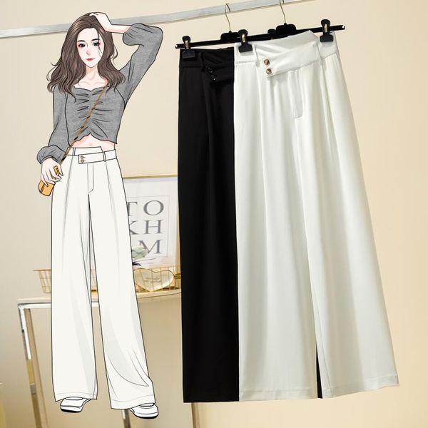 

women's pants & capris white black elegant full length trousers fashion high waist wide leg loose plus size l-4xl, Black;white