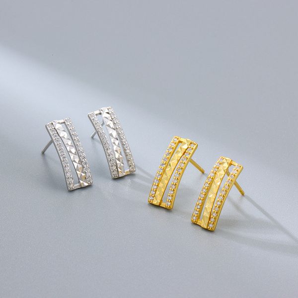 

s925 sterling silver diamond inlaid car flower prismatic hollow rectangular earrings japanese and korean temperament k-gold plated women&#03, Golden