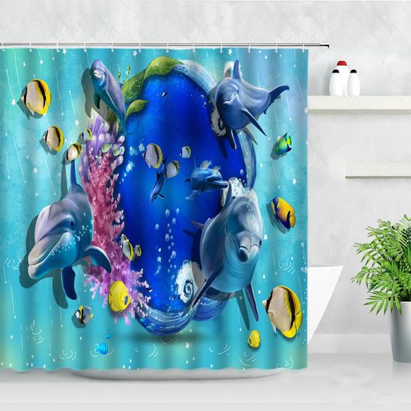 

shower curtains 3d decor waterproof bathroom dolphin deep sea fish coral ocean scenery polyester fabric bath screens curtain set