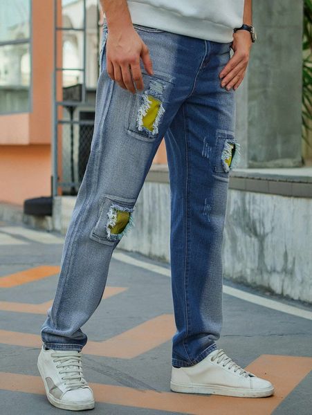 

men ripped straight leg washed jeans 95bz#, Blue