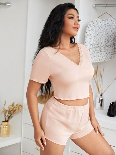 

plus solid lace trim pajama set d4dp#, Black;white