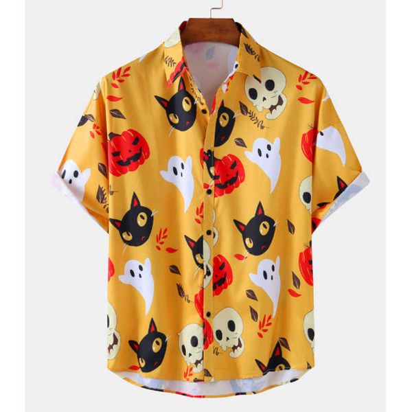 

korean fashion men shirt designer halloween cartoon print turn down collar short sleeve shirts 210527, White;black