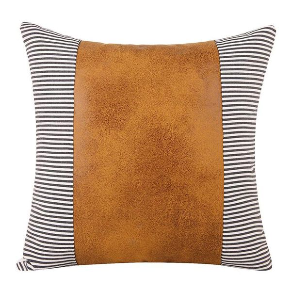 

cushion/decorative pillow brown pu leather cushion covers linen stripe decorative throw case for sofa bed car seat home cover 45x45cm