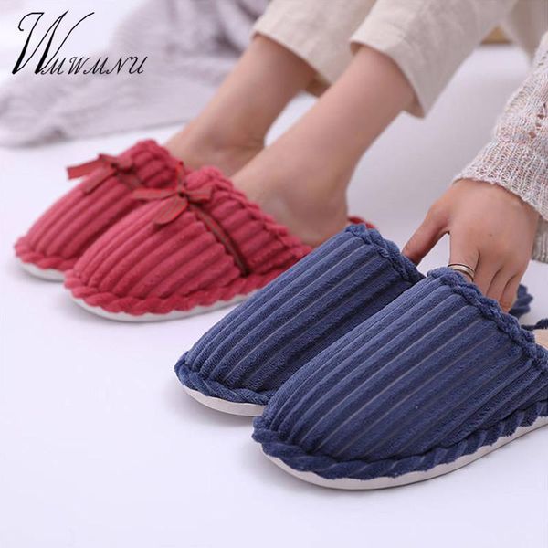 

slippers winter warm couple indoor round toe women casual cotton soft plush non-slip bedroom man slides striped flat home shoes, Black