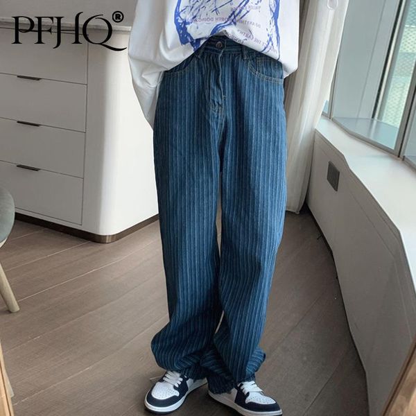 

men's jeans pfhq 2021 men fashion loose blue stripes retro straight casual button high waist summer and autumn 21d3397