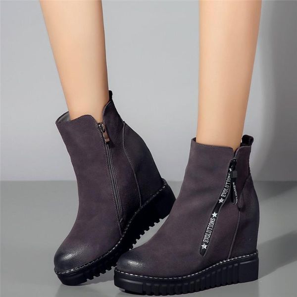 

boots winter warm pumps shoes women genuine leather wedges high heel motorcycle female round toe fashion sneakers casual, Black