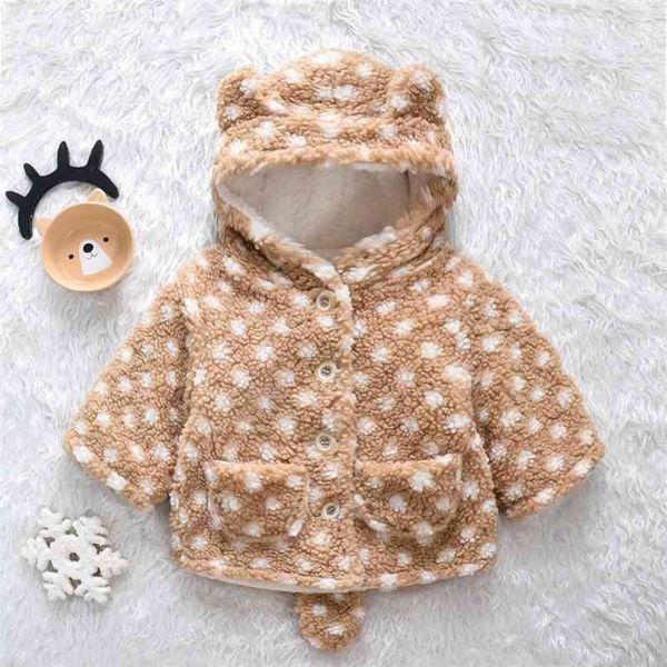 Varış Kış Bebek Yürüyor Kız Polka Noktalar Hayvan Tasarım Kabartmak Kapşonlu Ceket Sıcak Giysiler 210528