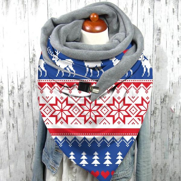 

scarves 40# christmas deer printing scarf autumn winter warm windproof double-layer buckle button elegant polyester shawl, Blue;gray