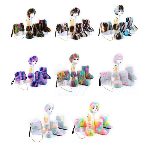 

boots women's winter colorful fluffy faux fur snow ladies warm plush shoes matching purse and headband cuff sets, Black