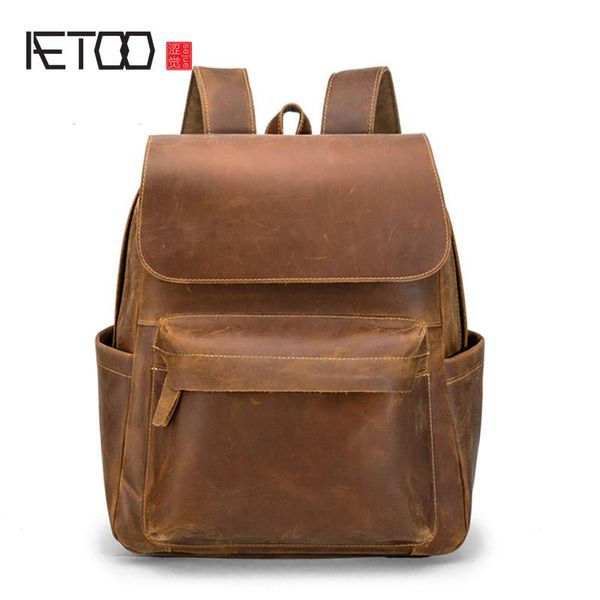 

retro crazy horse leather backpack, genuine first layer computer bag backpack