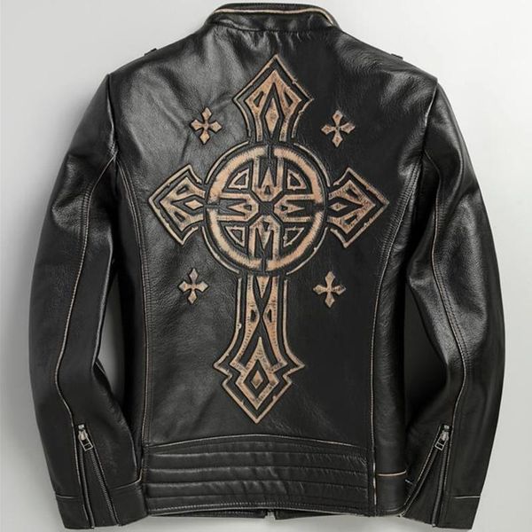 

vintage black motorcycle style genuine leather jacket men large size 5xl cross design natural cowhide autumn biker coat men's & faux