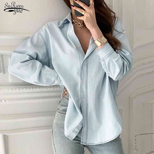 Moda Coréia Solta Denim Blusa Mulheres Vintage Casual Color Sólido Camisas para Plus Size Botão Feminino Roupas 13473 210508