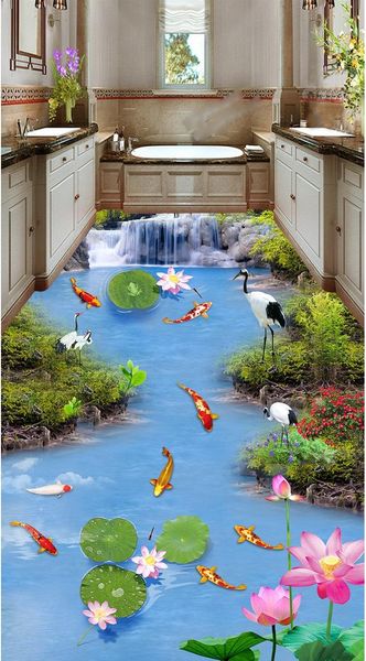 

wallpapers 3d flooring custom waterproof self adhesion waterfall nine lotus carp fish bathroom po wall murals wallpaper