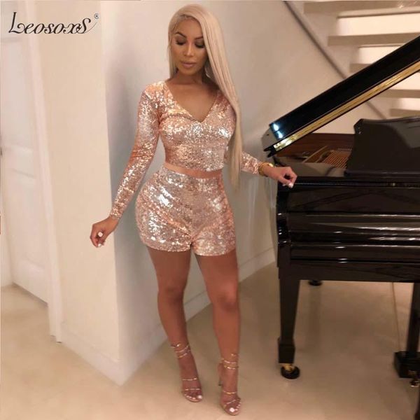 

women's tracksuits 2021 women suit sequins solid v-neck long sleeve shining short pants set fashion 2 piece club party outfits, Gray