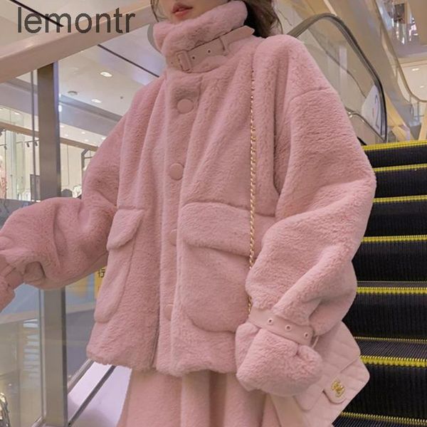 

women's fur & faux korean kawaii japanese warm pink synthetic coat, fashionable plush lolita soft jacket, Black