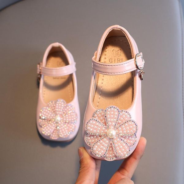 

flat shoes pink children leather for wedding party little girls beads flower princess single comfortable soft-soled, Black;grey