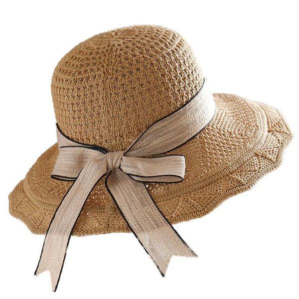 

spring summer knitting sun hats women's protection hat korean cotton knit hollow ribbon basin foldable beach wide brim, Blue;gray