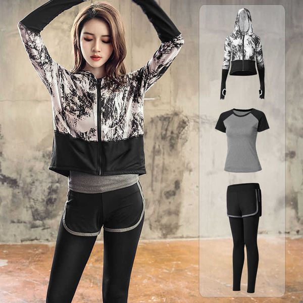 

women's yoga clothes autumn gym morning running three piece net red fashion beginner's sports suit, Black;white