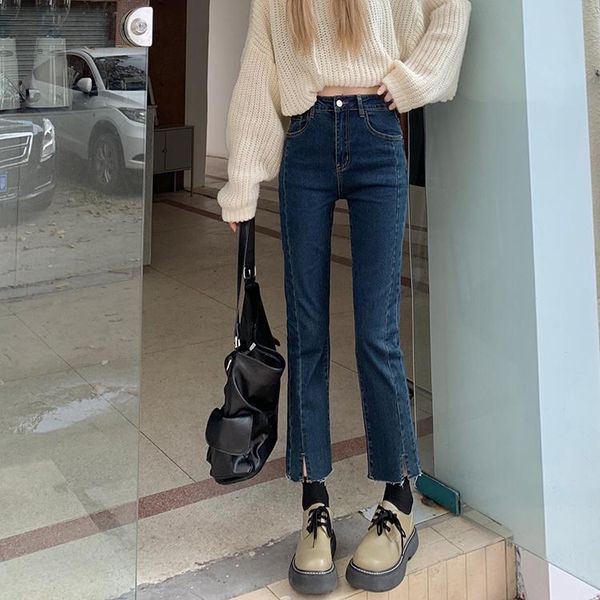 

women's jeans design sense split straight pants autumn winter wool nine point small leg fashion rac, Blue