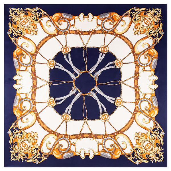 

scarves 130cm scarf royal court chain design twill 100% silk women square kerchief for ladies shawl echarpe, Blue;gray