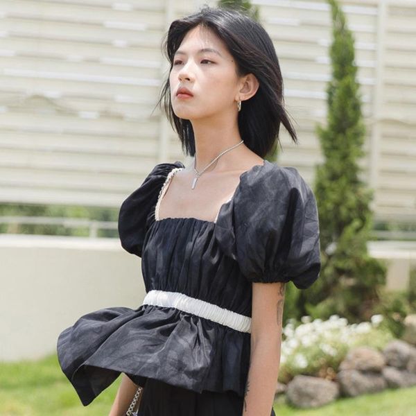 

women's blouses & shirts [ewq] korea summer casual trendy women square collar contrast stitching simple fashion pleated puff sleeve shi, White