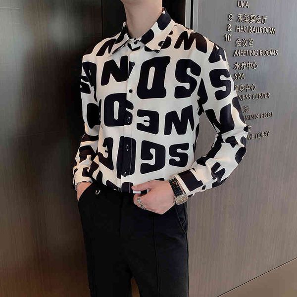 

men's casual shirts long-sleeve male casual shirt, hawaiian modern korean printed shirts and lyrics gjyz, White;black