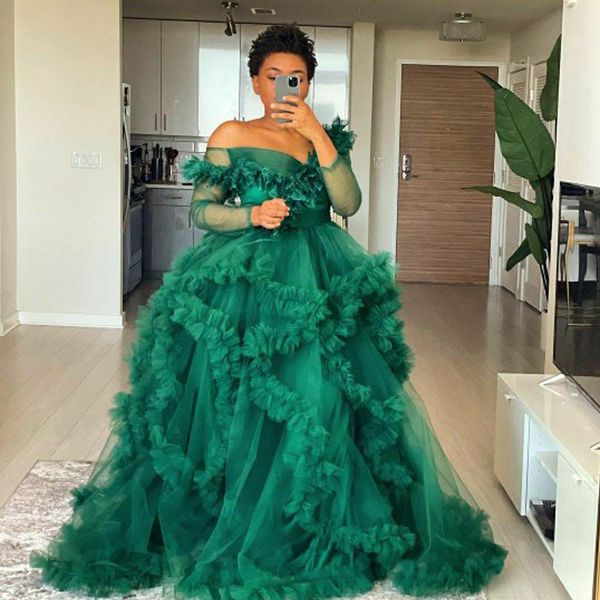 

fluffy tulle maternity evening dress off the shoulder ruffled pshoot women long sleeve robes pgraphy dresses robe, Black;red