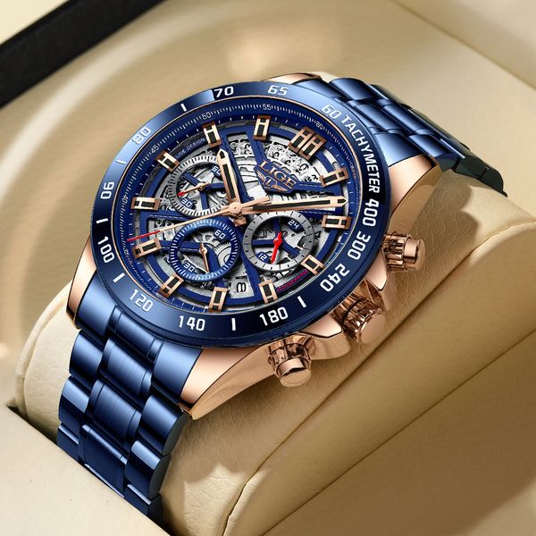 

lige 2021 new casual sport chronograph mens watches stainless steel band wristwatch big dial quartz clock with luminous pointers, Silver