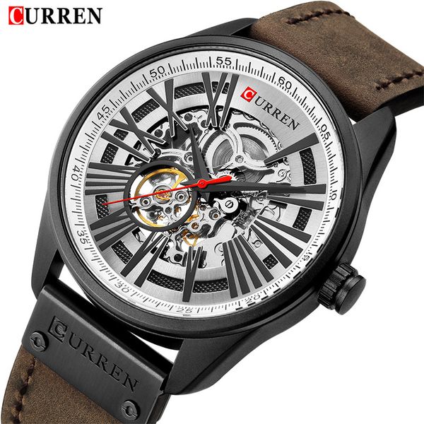 

curren men's fashion mechanical watch men waterproof leather band wristwatches male automatic self-wind clock montre homme 210517, Slivery;brown