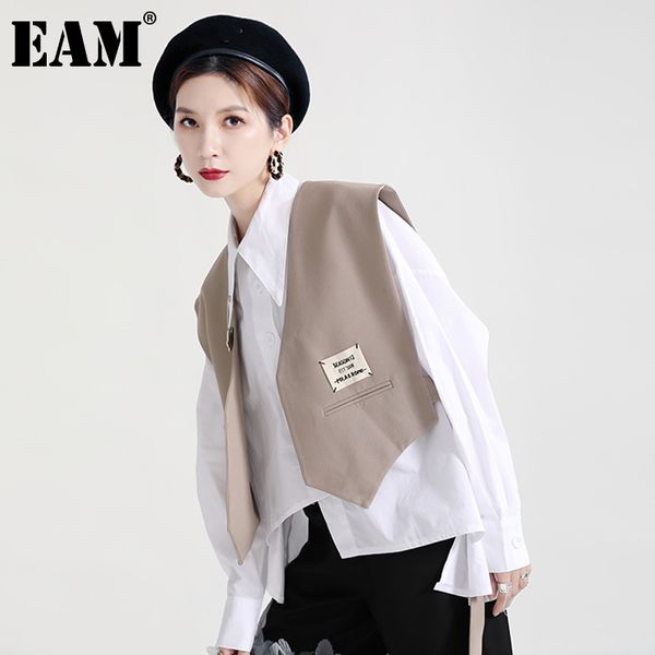 

[eam] women loose fit khaki black irreuglar ribbon vest v-collar sleeveless fashion spring summer 1dd7018 21512, Black;white