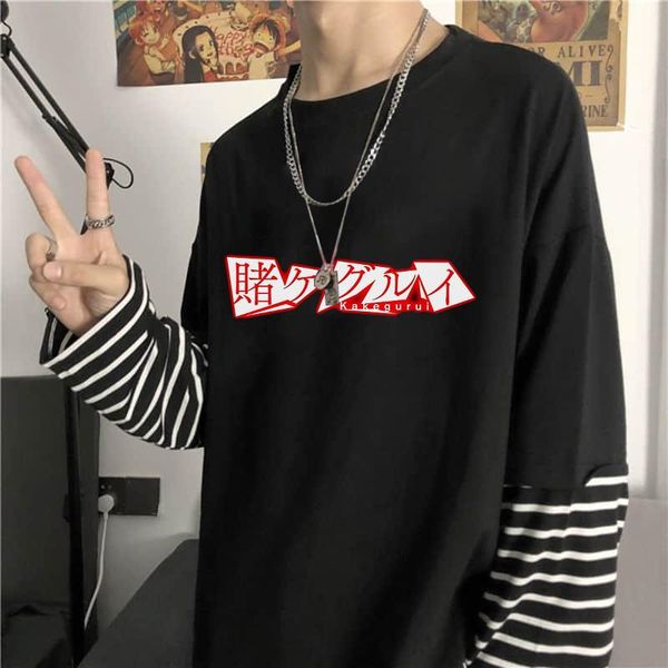

men's t-shirts japanese anime kakegurui letter print men fake two pieces long sleeve summer oversized korean stripes, White;black
