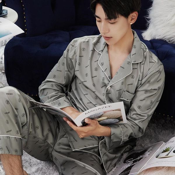 

men's sleepwear pajamas spring summer suit round bl letter home clothes silk ice ins wind long sleeve trousers nightclothes, Black;brown