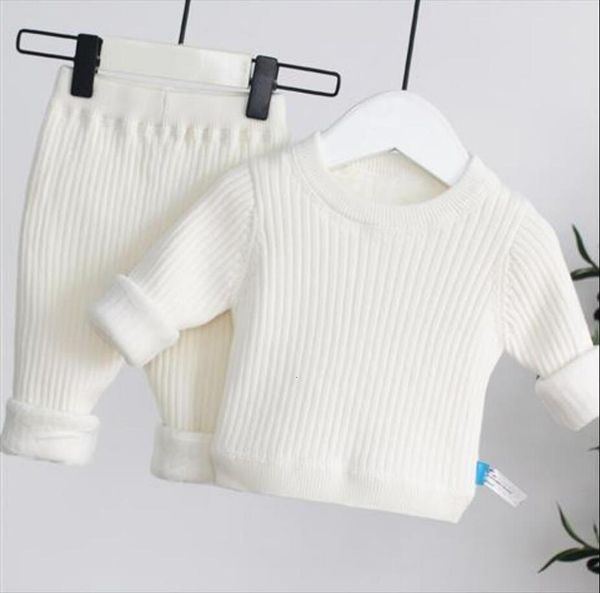 

solid color kids clothes set 2pcs infant clothing thicken t shirt leggings pants for winter autumn toddler suits, White