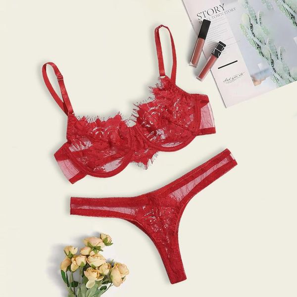 

Bras Sets Erotic Underwear Sexy Lace Temptation Three Point Lingerie Steel Ring G-string Bra Red Feminina Sleepwear Porno Mujer Intimates, Red;black