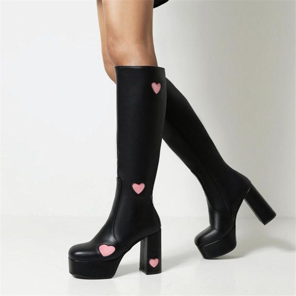 

boots pxelena gothic punk rock women knee high heart shaped block heels riding knight cosplay shoes plus size 35-43 white black