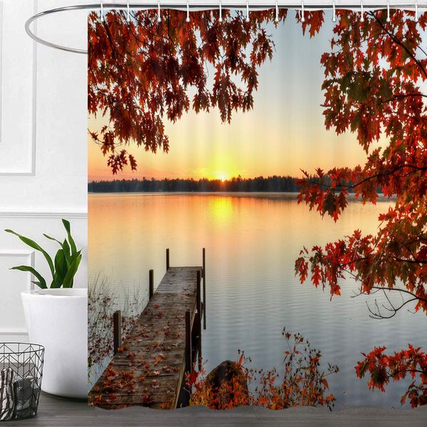 

fall shower curtains for bathroom, autumn lake thanksgiving holiday fabric shower curtain set, maroon maple leaf halloween