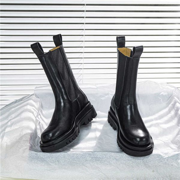 

2021 leather chimney boots children's autumn and winter thick soled long knight's chelsea martin women's shoes, Black