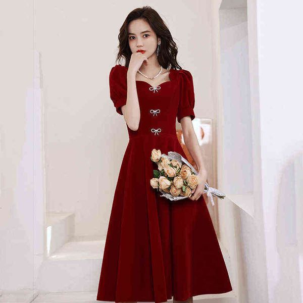 

luxury street style dresses toasting bride 2021 summer engagement return wedding girl small french short sleeve, Black;pink