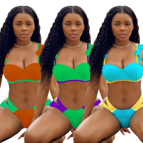 

women's tracksuits 2021 summer women bikini 2pcs ruffles spaghetti strap contrast colors beach wear swimsuit bikinis set lady swimwear, Gray